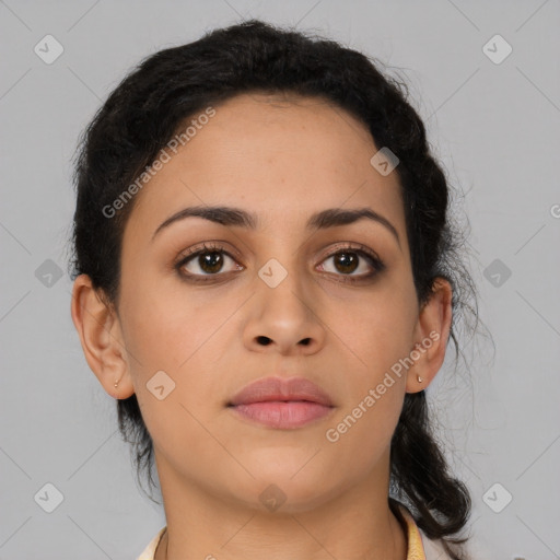 Neutral latino young-adult female with short  black hair and brown eyes