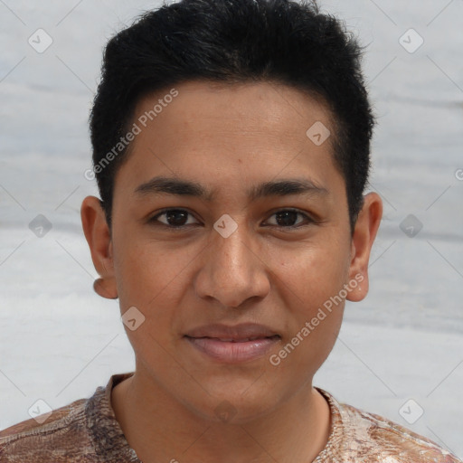 Joyful latino young-adult male with short  brown hair and brown eyes