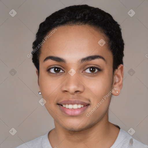 Joyful latino young-adult female with short  black hair and brown eyes