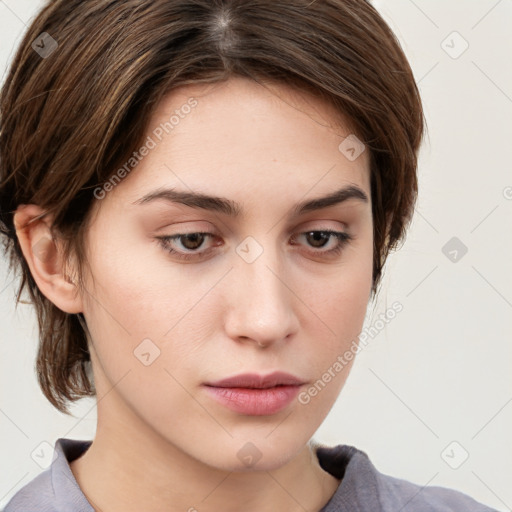 Neutral white young-adult female with medium  brown hair and grey eyes