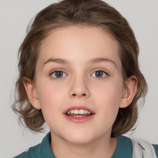 Joyful white child female with medium  brown hair and blue eyes