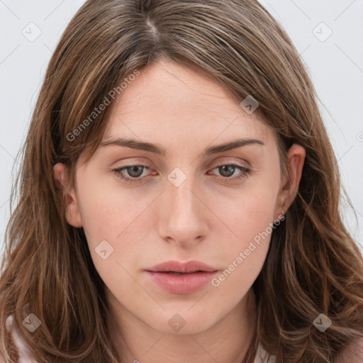 Neutral white young-adult female with long  brown hair and grey eyes