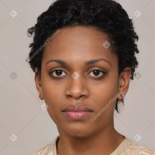 Neutral black young-adult female with short  black hair and brown eyes