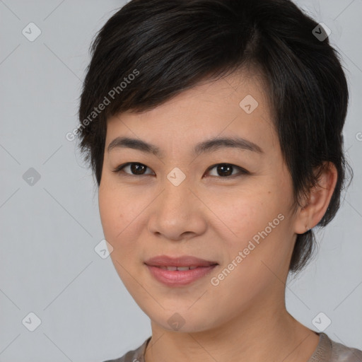 Joyful white young-adult female with medium  brown hair and brown eyes