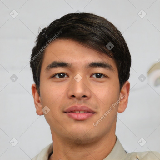 Neutral asian young-adult male with short  brown hair and brown eyes