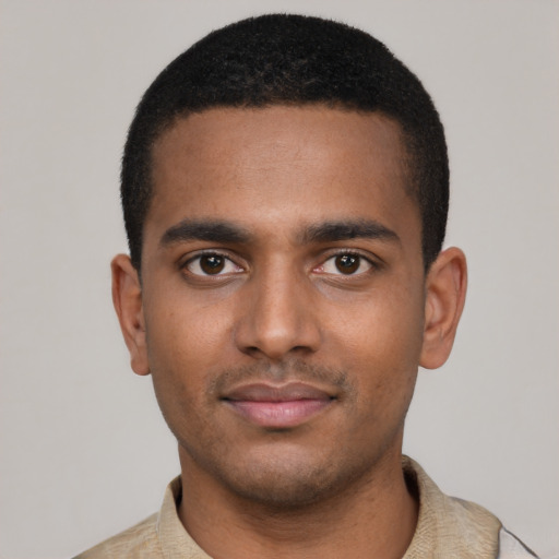 Neutral black young-adult male with short  black hair and brown eyes