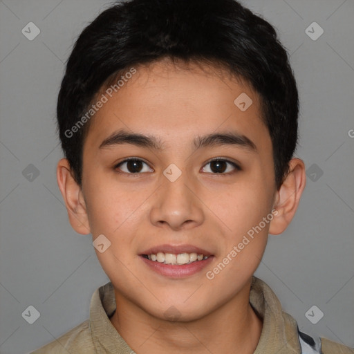 Joyful latino young-adult male with short  brown hair and brown eyes