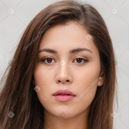 Neutral white young-adult female with long  brown hair and brown eyes