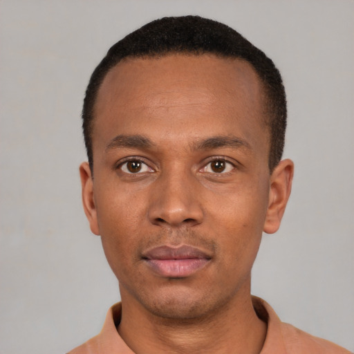 Neutral black young-adult male with short  black hair and brown eyes