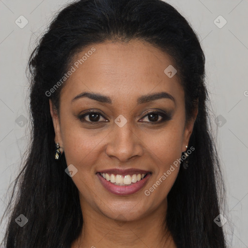 Joyful latino young-adult female with long  brown hair and brown eyes