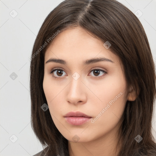 Neutral white young-adult female with long  brown hair and brown eyes