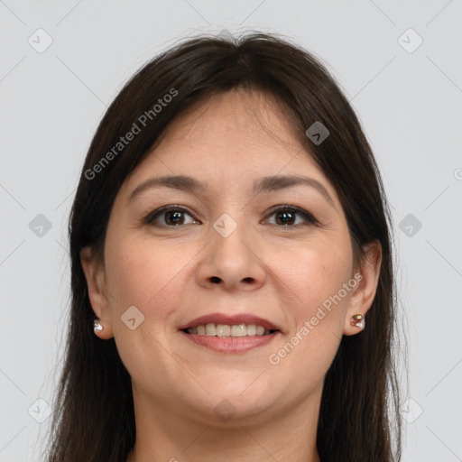 Joyful white young-adult female with long  brown hair and grey eyes