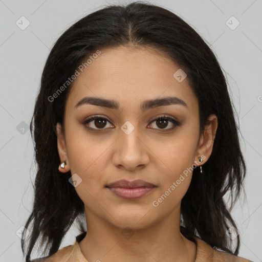 Joyful latino young-adult female with medium  brown hair and brown eyes