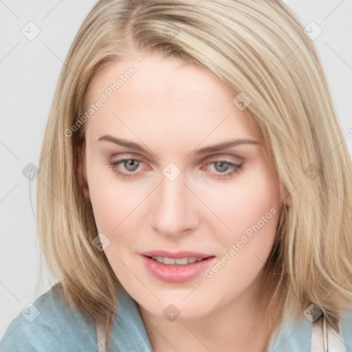 Joyful white young-adult female with medium  brown hair and blue eyes