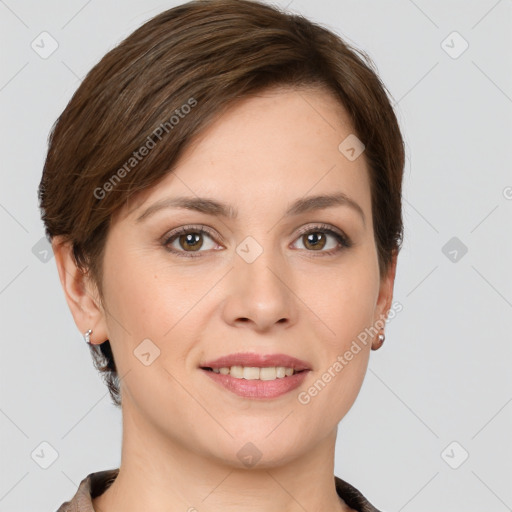 Joyful white young-adult female with short  brown hair and grey eyes