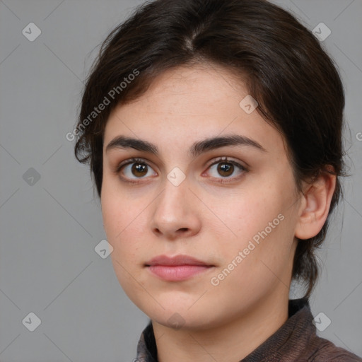 Neutral white young-adult female with medium  brown hair and brown eyes