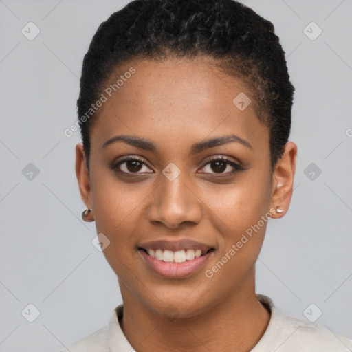 Joyful black young-adult female with short  brown hair and brown eyes