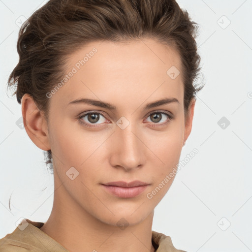 Neutral white young-adult female with short  brown hair and brown eyes