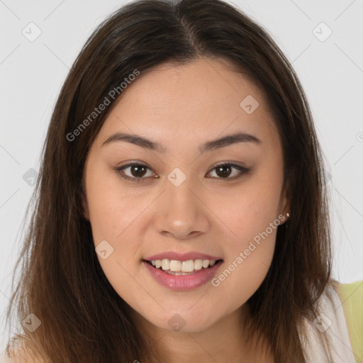 Joyful white young-adult female with long  brown hair and brown eyes