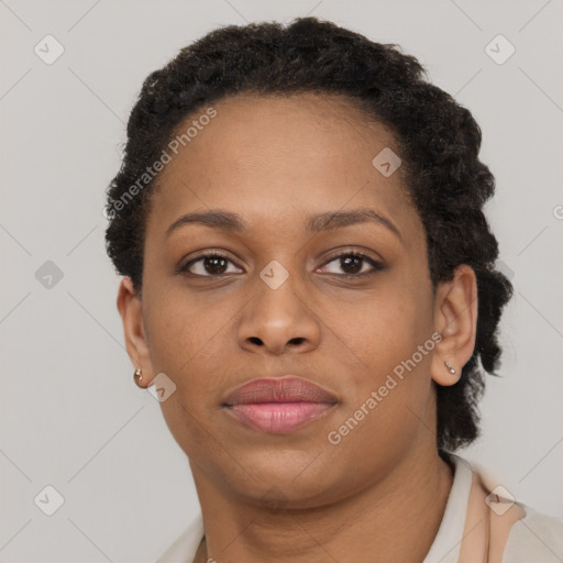 Neutral black young-adult female with short  brown hair and brown eyes