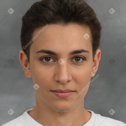 Joyful white young-adult female with short  brown hair and brown eyes