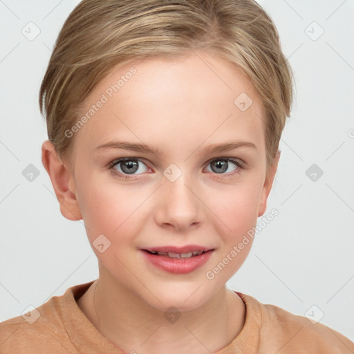 Joyful white child female with short  brown hair and brown eyes