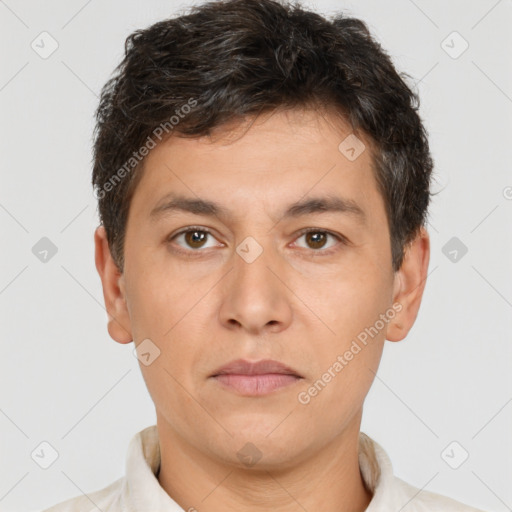 Neutral white young-adult male with short  brown hair and brown eyes