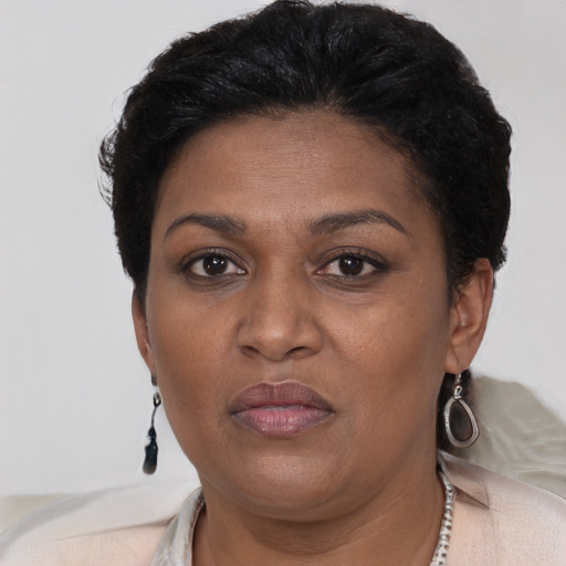 Joyful black adult female with short  brown hair and brown eyes