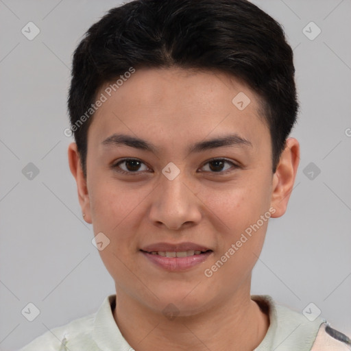 Joyful white young-adult female with short  brown hair and brown eyes