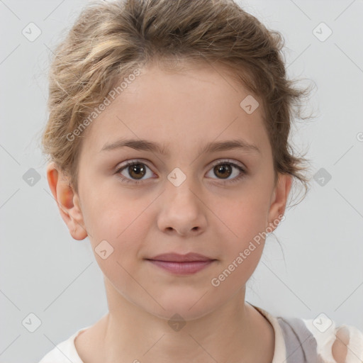 Joyful white child female with short  brown hair and brown eyes