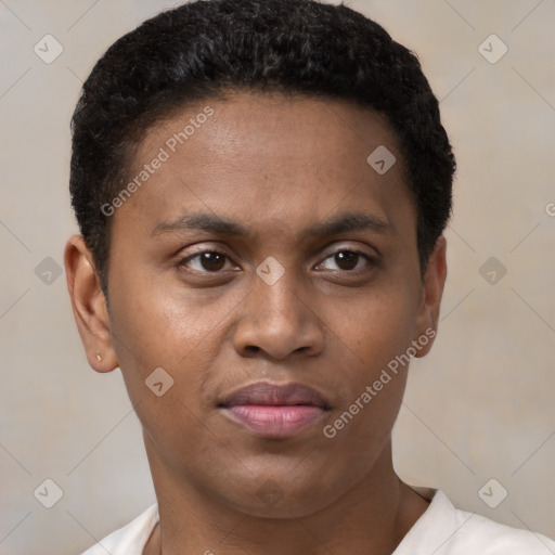 Joyful latino young-adult male with short  brown hair and brown eyes