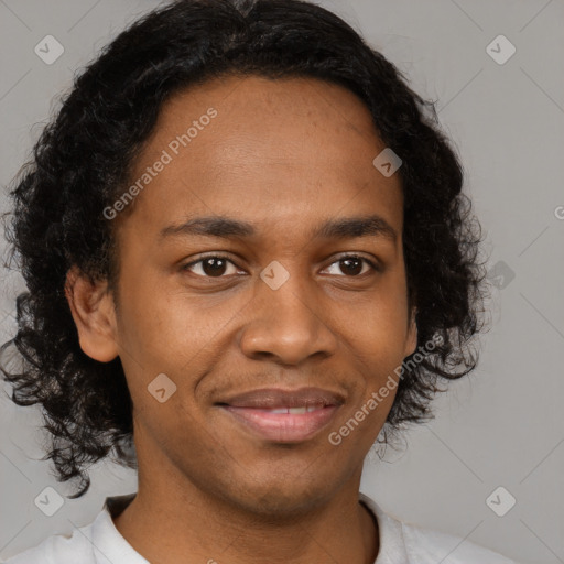 Joyful latino young-adult male with short  brown hair and brown eyes