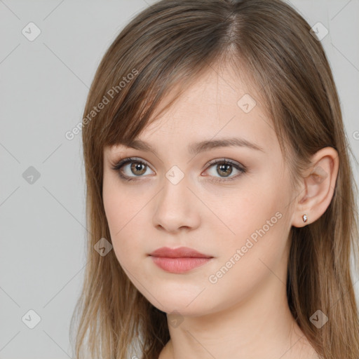 Neutral white young-adult female with long  brown hair and brown eyes