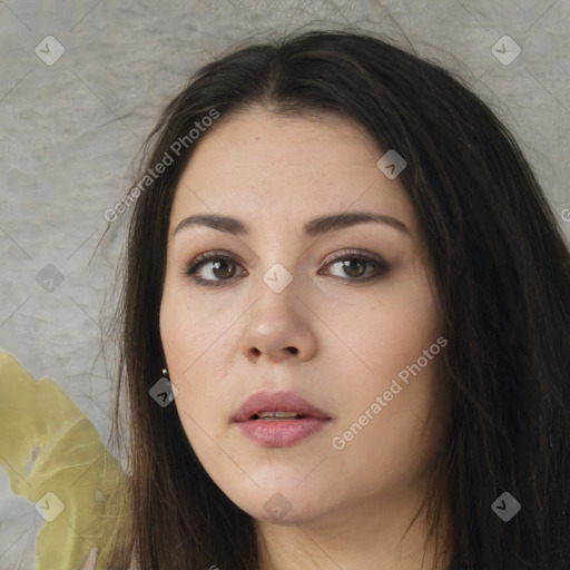 Neutral white young-adult female with long  brown hair and brown eyes