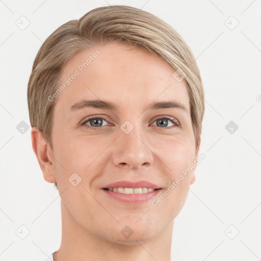 Joyful white young-adult female with short  brown hair and grey eyes