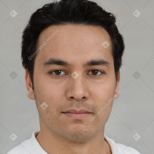 Neutral asian young-adult male with short  brown hair and brown eyes