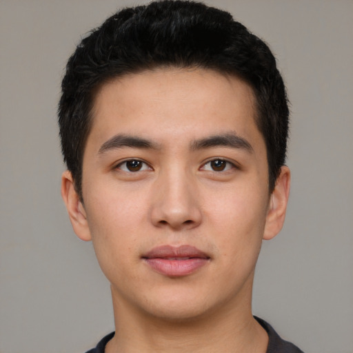 Neutral white young-adult male with short  black hair and brown eyes