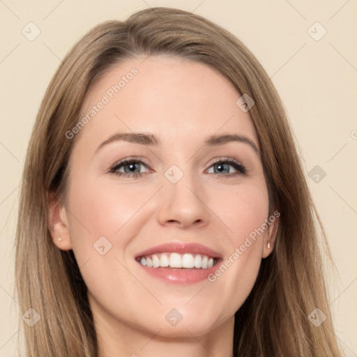 Joyful white young-adult female with long  brown hair and green eyes