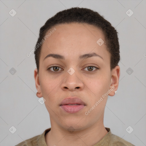 Neutral white young-adult female with short  brown hair and brown eyes