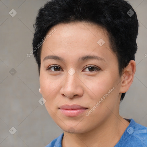 Joyful asian young-adult female with short  brown hair and brown eyes