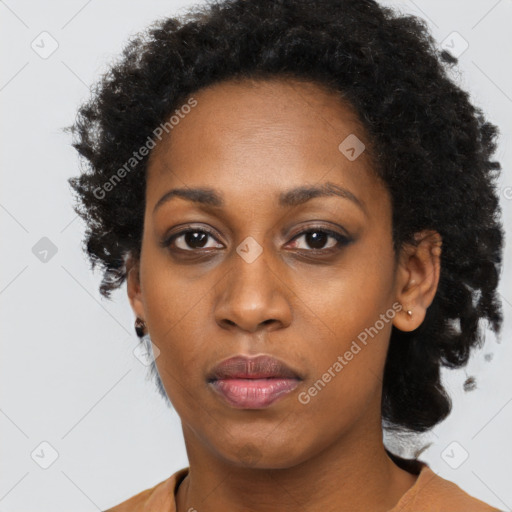 Neutral black young-adult female with short  black hair and brown eyes