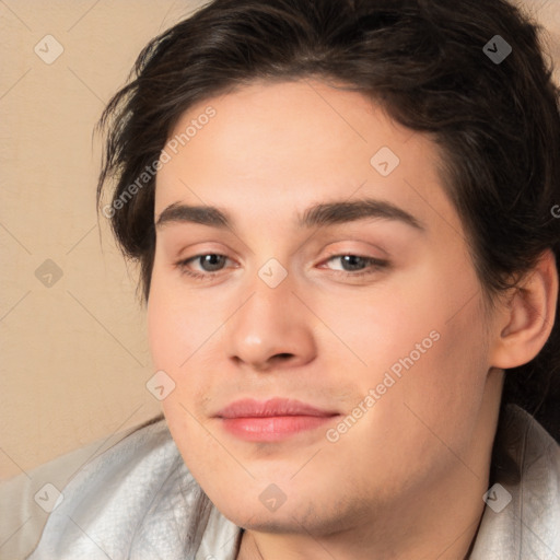 Joyful white young-adult male with medium  brown hair and brown eyes