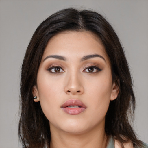 Neutral asian young-adult female with long  brown hair and brown eyes