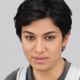 Joyful asian young-adult female with short  brown hair and brown eyes