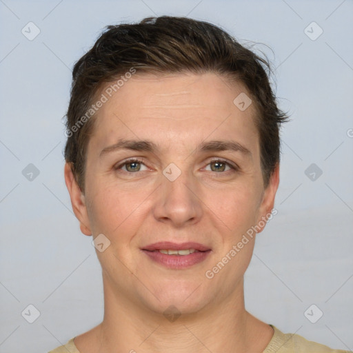 Joyful white young-adult female with short  brown hair and brown eyes