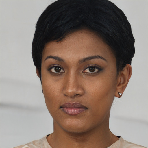 Neutral asian young-adult female with short  black hair and brown eyes