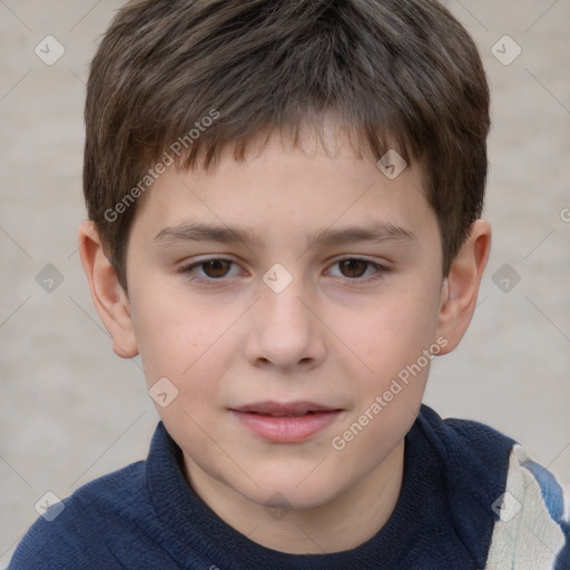 Joyful white child male with short  brown hair and brown eyes