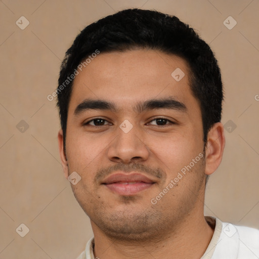 Neutral latino young-adult male with short  black hair and brown eyes