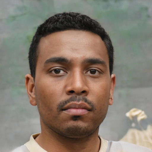 Neutral black young-adult male with short  black hair and brown eyes