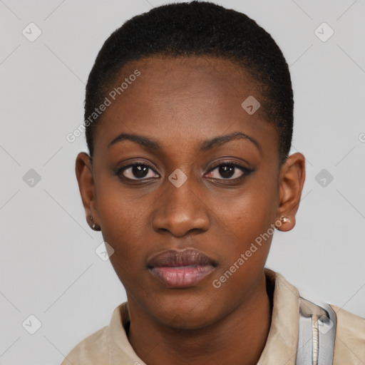 Neutral black young-adult female with short  black hair and brown eyes